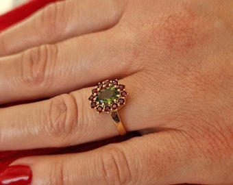 Ring with oval Czech garnet and faceted small moldavite engagement ring Sterling Silver 22 K, 585 White Gold 14 K, 585 Yellow Gold 14 K