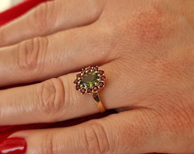 Ring with oval Czech garnet and faceted small moldavite engagement ring Sterling Silver 22 K, 585 White Gold 14 K, 585 Yellow Gold 14 K