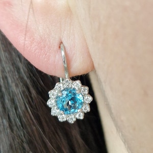 Silver topaz earrings with round natural round topaz Swiss Blue and cubic zircons, Lever back, claps, french lock, certificate authenticity