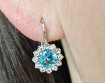 Silver topaz earrings with round natural round topaz Swiss Blue and cubic zircons, Lever back, claps, french lock, certificate authenticity