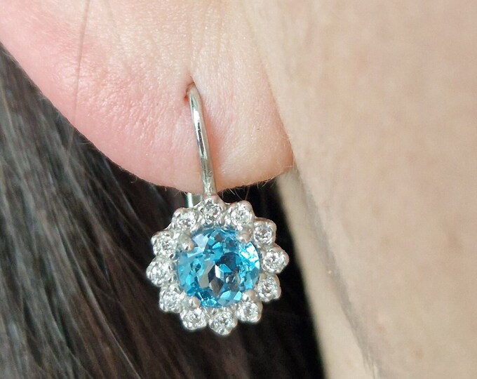 Silver topaz earrings with round natural round topaz Swiss Blue and cubic zircons, Lever back, claps, french lock, certificate authenticity