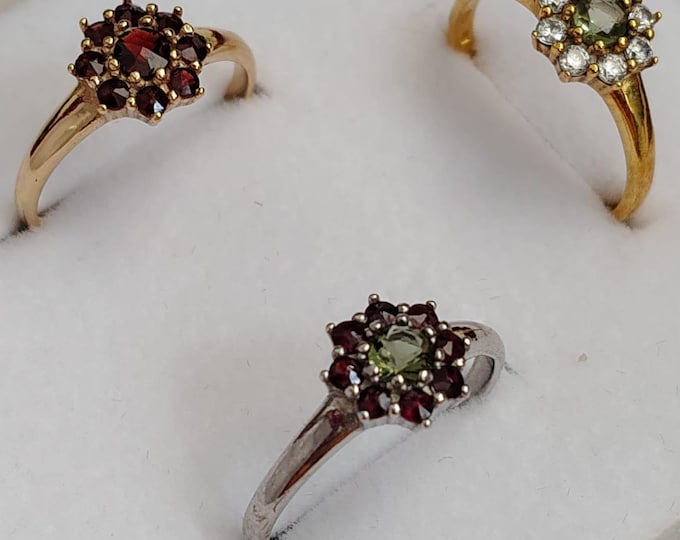 14K Gold Garnet & Moldavite Ring, 585 White or Yellow Gold, Czech Pyrope and Tektite Cluster, Vintage Ring Gift