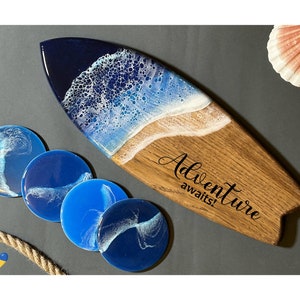 Personalized gift Ocean waves resin art surfboard Cutting cheese board coasters set Recipe engraved surfer bar kitchen decor Family gift image 1