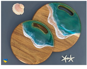 Personalised Gift Ocean Resin round charcuterie board with handle Wedding gift Cheese board