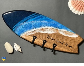 Personalized Surfboard Oak small Key Holder for wall, Beach Resin Wood Key Hanger, Wall Hanging Art, Beach House Decor, Keyring