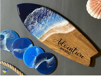 Personalized gift Ocean waves resin art surfboard Cutting cheese board coasters set Recipe engraved surfer bar kitchen decor Family gift