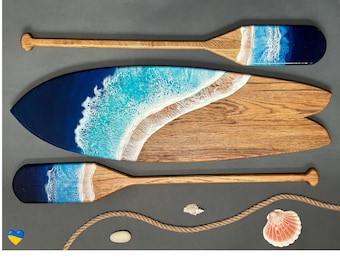 Personalized gift 33&quot; oak ocean waves resin art surfboard with oars Coastal wall art Beach themed decor New home housewarming surfer gift