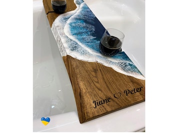 Ocean Resin Bathboard LiveEdge wine holder Bath caddy  personalized gift Bathroom shelf decor Annyversary for her him wedding newhome gift