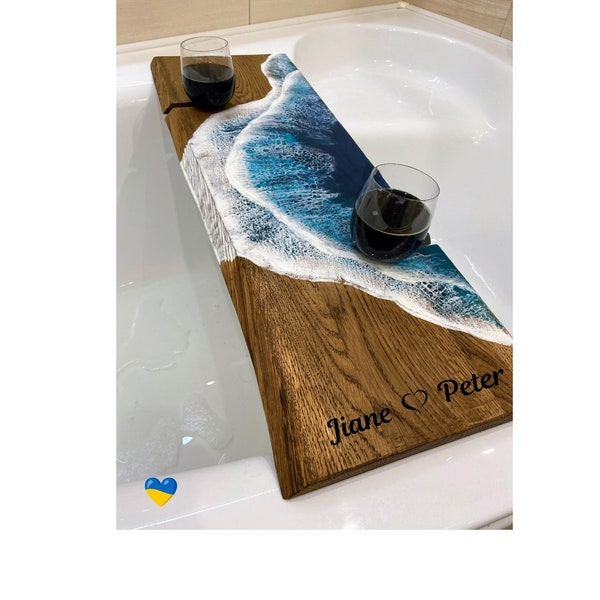 Ocean Resin Bathboard LiveEdge wine holder Bath caddy  personalized gift Bathroom shelf decor Annyversary for her him wedding newhome gift