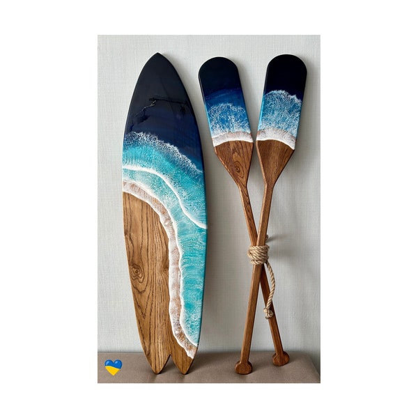 33-43-50-57" Surfplank met roeispanen kunst aan de muur Hars kunst bar decor Houten muur hangende plank Surfer cadeau Strandhuis decor Nieuw huis verjaardagscadeau