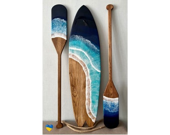 43&quot; Surfboard with Oars Wall Resin Art Bar Decor, Wooden Wall Hanging Art, Surfer Gift, Beach House Decor, New Home Gift