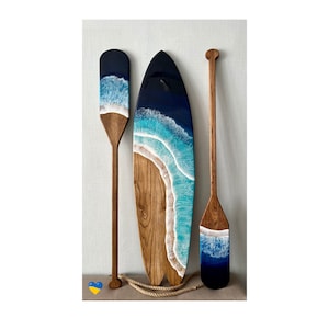 43&quot; Surfboard with Oars Wall Resin Art Bar Decor, Wooden Wall Hanging Art, Surfer Gift, Beach House Decor, New Home Gift