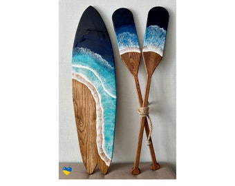 33-43-50-57" Surfboard with oars wall art Resin art bar decor Wooden wall hanging board Surfer gift Beach house decor New home birthday gift