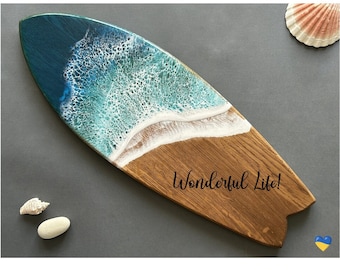 Personalized gift 22&quot; oak waves resin art surfboard Coastal wood wall art Beach house decor New home housewarming surfer wedding gift