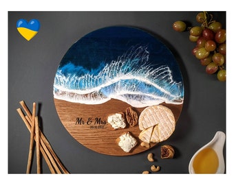 Handcrafted Personalized Round Charcuterie Board with Ocean Waves Resin Art Design, Ideal Closing Gift for New Homeowners, Mother's Day gift