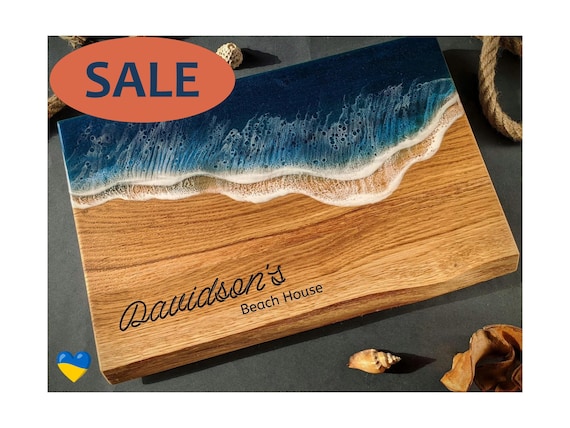 Large Oak Live Edge Ocean Resin Charcuterie Board, Custom Engraved Cheese Board, Beach Wedding Gift, Engagement Gift, New Home