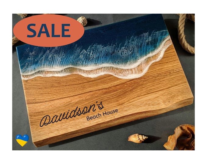 Large Oak Live Edge Ocean Resin Charcuterie Board, Custom Engraved Cheese Board, Beach Wedding Gift, Engagement Gift, New Home