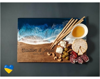 Personalized Large Oak Wooden Ocean Resin Art Cheese Board Set, Unique Charcuterie Platter, Cutting Board with handles or resin coasters