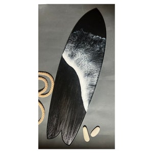 Surfboard wall art, Wall decor, Ocean resin art, Wooden black surfboard, Boyfriend surfer gift for him Coastal beach house decor