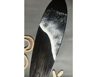 Surfboard wall art, Wall decor, Ocean resin art, Wooden black surfboard, Boyfriend surfer gift for him Coastal beach house decor