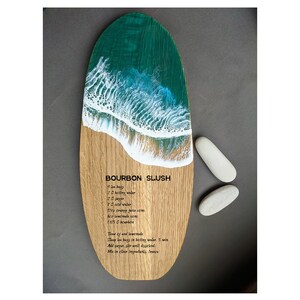 Personalized gift Ocean waves resin art surfboard Cutting cheese board coasters set Recipe engraved surfer bar kitchen decor Family gift image 9