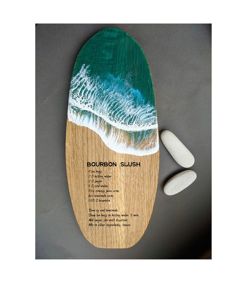 Personalized gift Ocean waves resin art surfboard Cutting cheese board coasters set Recipe engraved surfer bar kitchen decor Family gift image 9