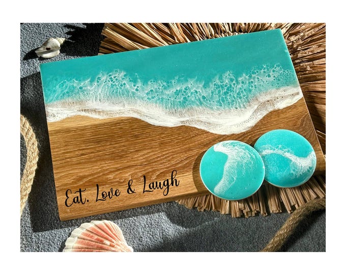 Personalized Wedding Family gift box Large Oak Wooden Ocean Resin Cheese Board Set,  Unique charcuterie board and resin coasters, New Home