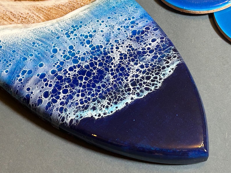 Personalized gift Ocean waves resin art surfboard Cutting cheese board coasters set Recipe engraved surfer bar kitchen decor Family gift image 2