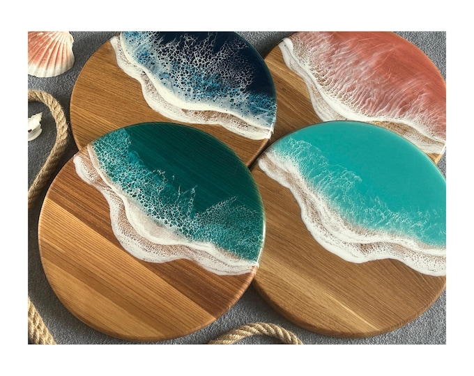 12" Ocean woodenResin Art Round Charcuterie Board Personalized, Custom engraved gifts, Cheese Board, Home gifts, Christmas Gift