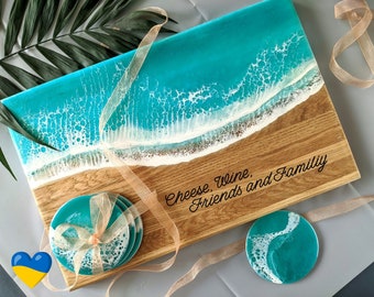 Personalized Wedding Famiy gift box Large Oak Wooden Ocean Resin Cheese Board Set,  Unique charcuterie board and resin coasters, New Home