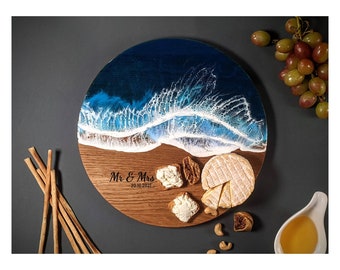 Personalized Wedding Family gift box 12" Wooden Ocean Resin Art Round Charcuterie Board,Laser engraved unique gifts Resin coasters, New home