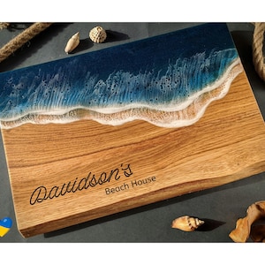 Large Oak Live Edge Ocean Resin Charcuterie Board, Custom Engraved Cheese Board, Beach Wedding Gift, Engagement Gift, New Home