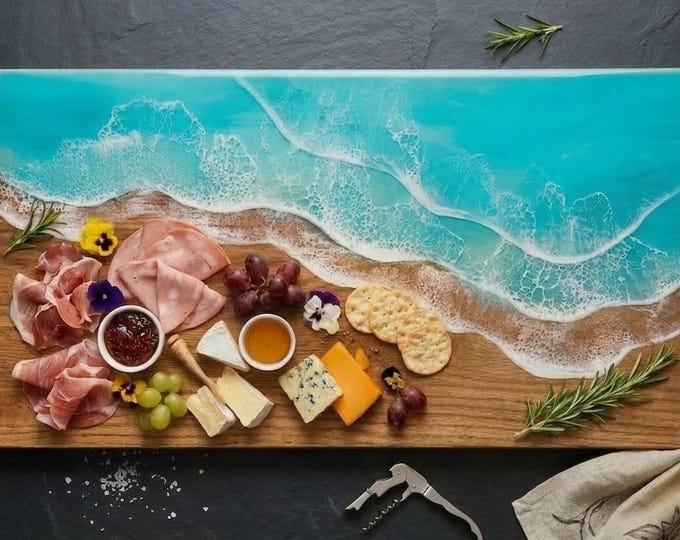 22" Ocean wooden resin cutting charcuterie board Ocean waves wall art decor Coastal beach house decor Wedding housewarming newly weds gift