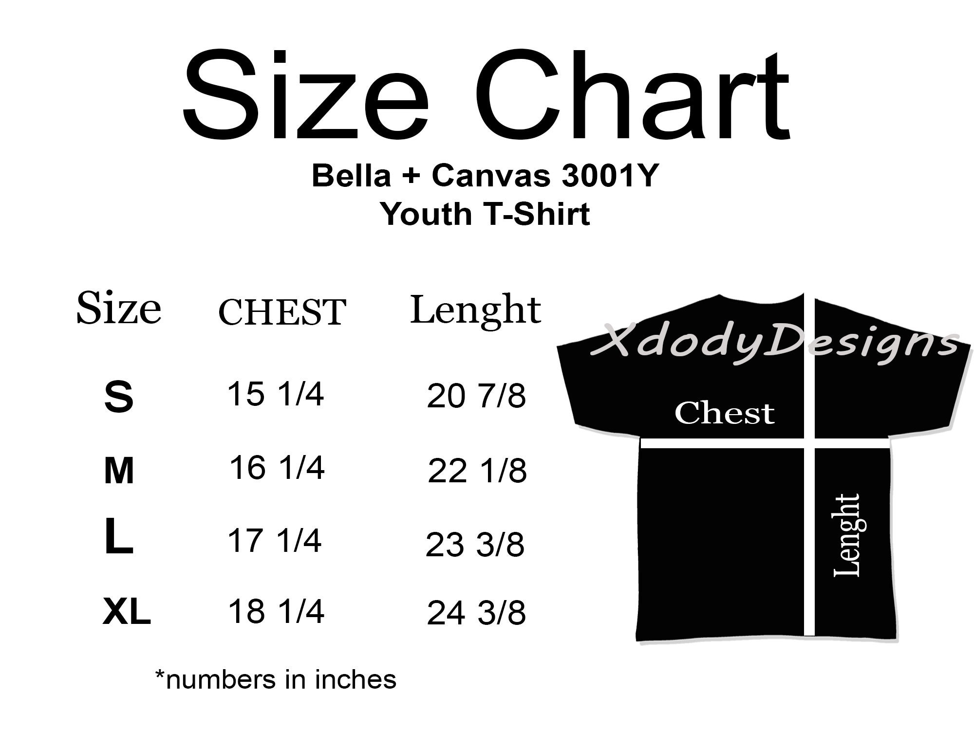 bella canvas 3001y size chart