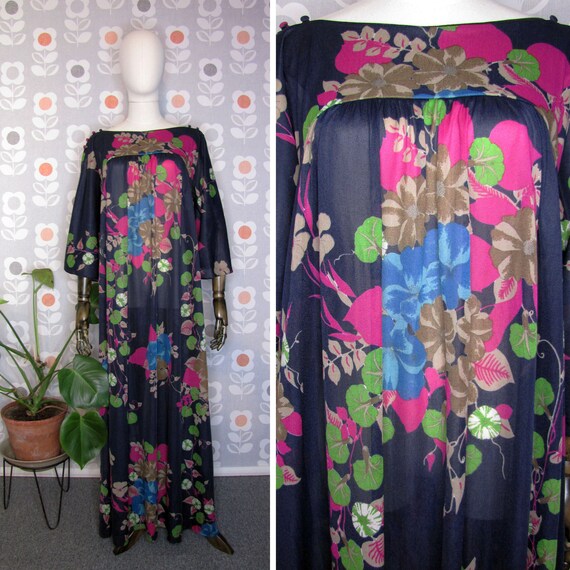 Vintage 70's Black Floral Print Tent Dress Sz L