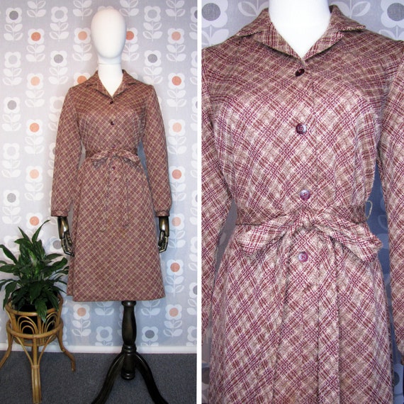 Vintage 60's / 70's Burgundy Tan Plaid Shirtdress
