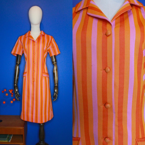 Vintage 60's Candy Stripe Button-Up Shift Dress Sz