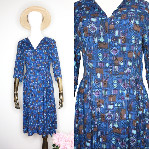 Vintage 60's(?) Homemade Blue Mod Print Dress Sz S