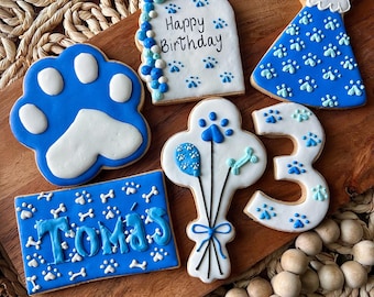 Paquete de 6 galletas personalizadas de cumpleaños para perros / Golosinas gourmet para fiestas caninas, hechas a mano