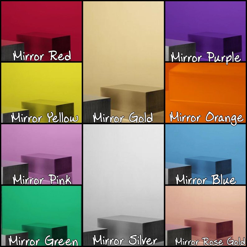 K&ouml;nnte beinhalten: Eine Collage aus farbigen Acrylspiegelplatten, jede mit einem anderen Farbton. Die Farben umfassen Rot, Lila, Gelb, Gold, Orange, Rosa, Blau, Gr&uuml;n, Silber und Ros&eacute;gold. Jede Platte ist mit ihrem Farbnamen beschriftet.