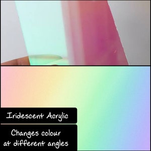 K&ouml;nnte beinhalten: Irideszierende Acrylplatte, die je nach Winkel die Farbe &auml;ndert. Der obere Teil des Bildes zeigt eine Nahaufnahme der Acrylplatte mit einem Farbverlauf aus Rosa- und Gr&uuml;nt&ouml;nen. Der untere Teil zeigt einen Farbverlauf aus Gelb, Gr&uuml;n und Blau.