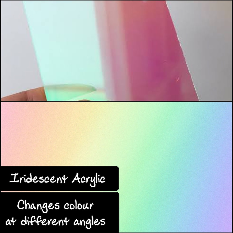 K&ouml;nnte beinhalten: Irideszierende Acrylplatte, die je nach Winkel die Farbe &auml;ndert. Der obere Teil des Bildes zeigt eine Nahaufnahme der Acrylplatte mit einem Farbverlauf aus Rosa- und Gr&uuml;nt&ouml;nen. Der untere Teil zeigt einen Farbverlauf aus Gelb, Gr&uuml;n und Blau.