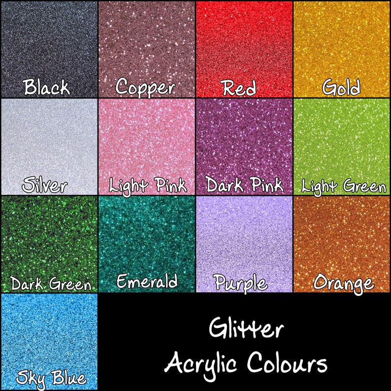 K&ouml;nnte beinhalten: Eine Farbkarte mit Glitzer-Acrylfarben. Das Bild zeigt Quadrate in verschiedenen Farben, darunter Schwarz, Kupfer, Rot, Gold, Silber, Hellrosa, Dunkelrosa, Hellgr&uuml;n, Dunkelgr&uuml;n, Smaragd, Lila, Orange und Himmelblau. Der Text lautet "Glitter Acrylic Colours."