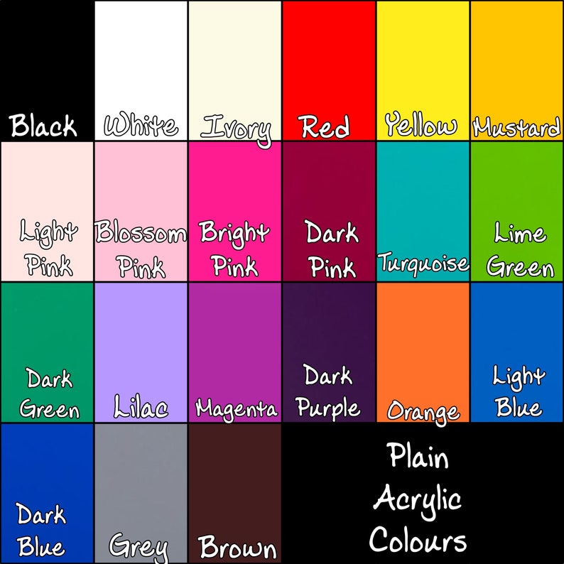 K&ouml;nnte beinhalten: Eine Farbkarte mit einer Vielzahl von unifarbenen Acrylfarben. Die Karte enth&auml;lt Farben wie Schwarz, Wei&szlig;, Rot, Gelb, Rosa, Gr&uuml;n, Blau und Lila. Der Text "Plain Acrylic Colours" befindet sich unten.