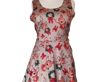 Vintage reindeer Christmas skater print dress with pockets S-5XL kawaii kitsch plus size