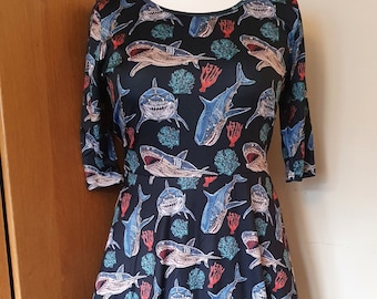 Great white shark quarter long sleeved a line skater dress- retro rockabilly kitsch alternative fashion