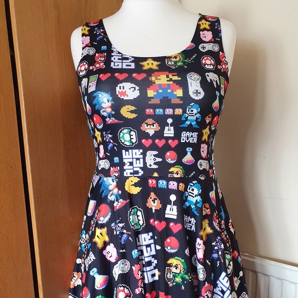 Game over print skater dress- Sizes S- 5XL plus size