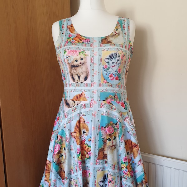 Kitsch cats print skater dress- Sizes S- 5XL plus size