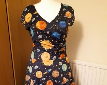 Happy planets space cap sleeved wrap dress- kawaii kitsch retro vintage cute rockabilly alternative fashion