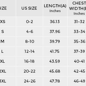 May include: Size chart for a sleeveless dress with measurements in inches for length, chest width, waist, and hips. The chart shows sizes XS through 3XL, with corresponding US sizes and measurements.